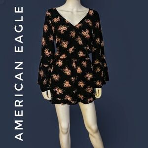 American Eagle Outfitters Black Floral Rose Surplice Bell Sleeve Shorts Romper